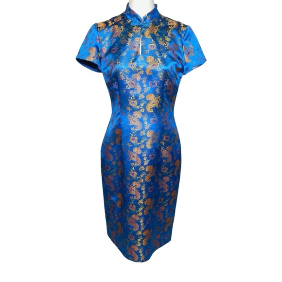 David Warren Vintage 90s Cheongsam Asian Dress Size 8 M Blue Gold Red Floral - Picture 1 of 11